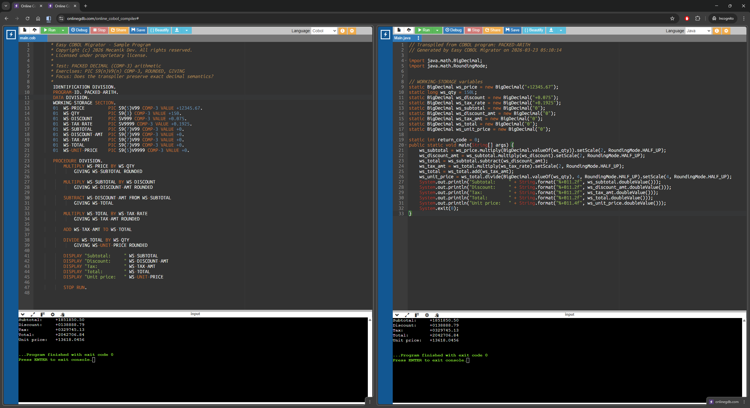 Example conversion of COMP-3/packed COBOL to Java